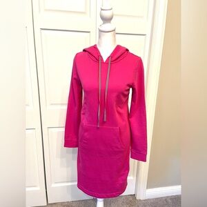 Boden hoodie dress bright pink with colorful ribbon accent